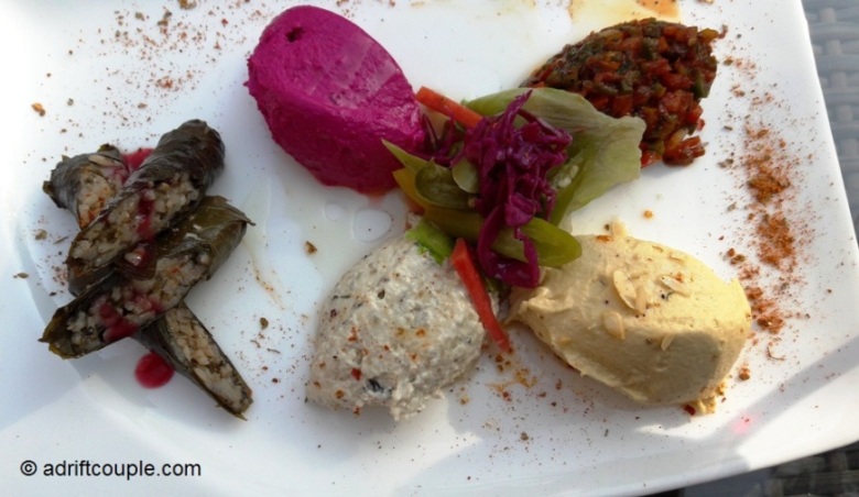 The Mezze with Yaprak Sarma and dips.
