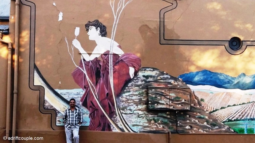 Mural depicting Bacchus outside La Cotte Inn in Franschhoek town.