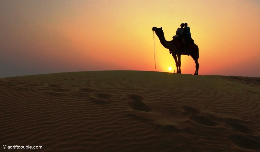 Camel ride at sunset at the Sam Sand Dunes in Jaisalmer