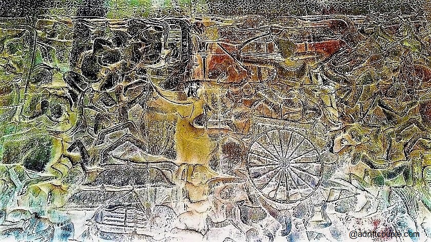 Battle of Kurukshetra Bas Relief in Angkor Wat with Arjuna and Krishna.