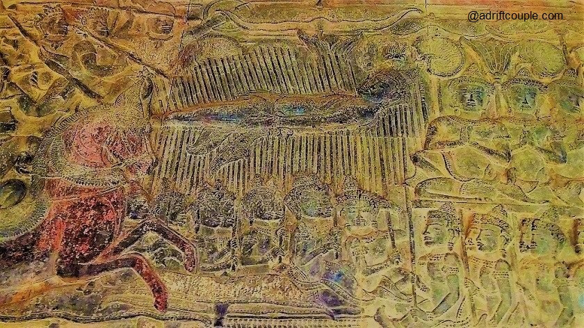 Angkor Wat Bas Reliefs: West Gallery - Battle of Kurukshetra with Bhishma on his deathbed of arrows.